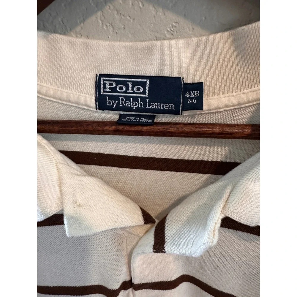 Polo Ralph Lauren 4XB Big Cream Brown Striped Cotton Polo Shirt Classic Preppy